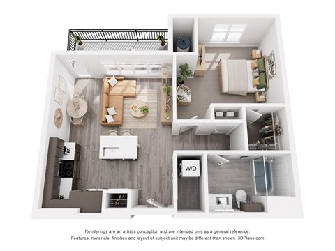 Floor plan for 1 bed, 1 bath, 737 sqft
